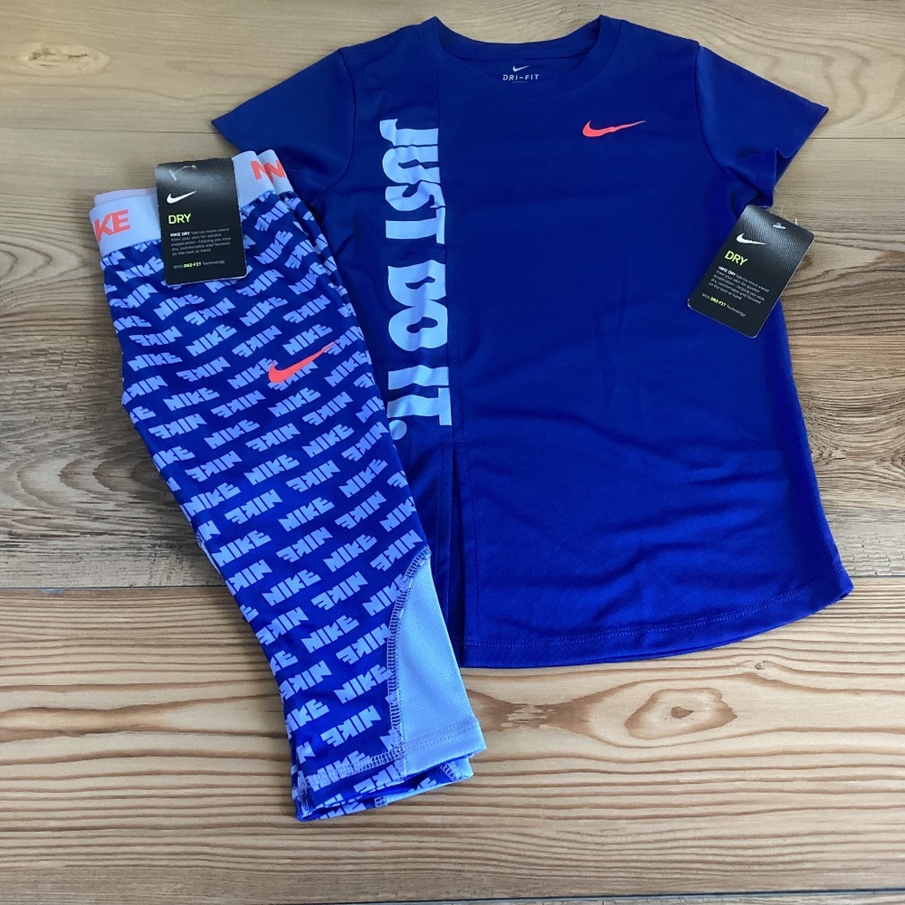 Nike Royal Blue Girls Tee and Printed Capri Leggings with Coral Swoosh
